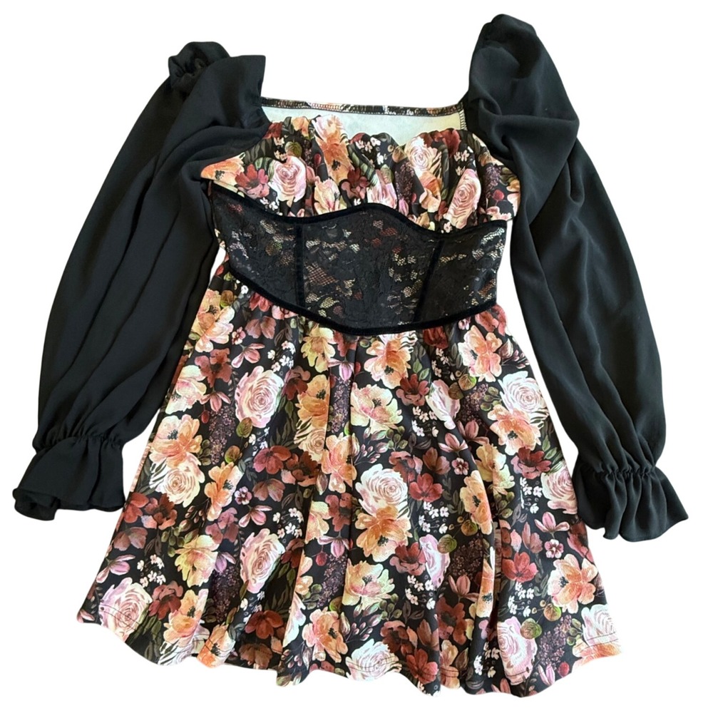 SHEIN X Floral Mini Dress Womens Large Black Lace Corset Long Sleeve Fairycore